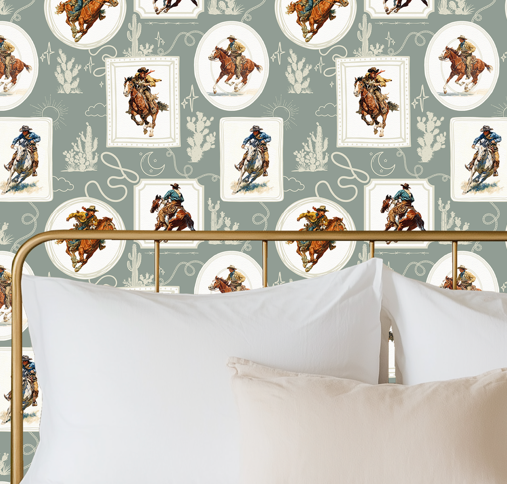 Cowboy Retro Wallpaper Print in Sage Green