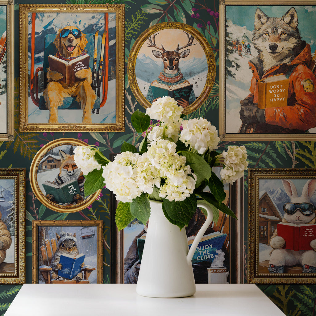 Whimsical Animals Reading Ski Lodge Green Wallpaper