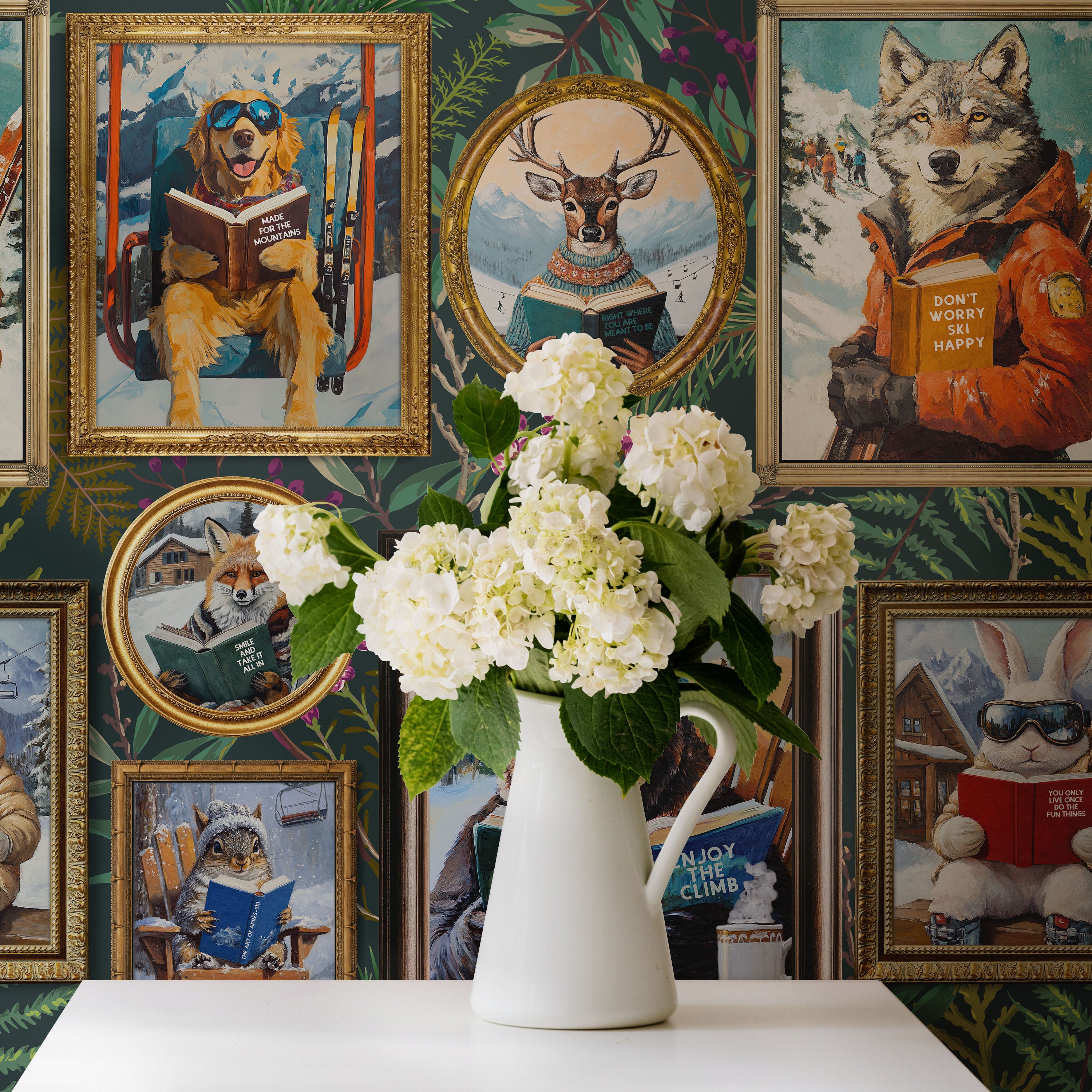 Whimsical Animals Reading Ski Lodge Green Wallpaper