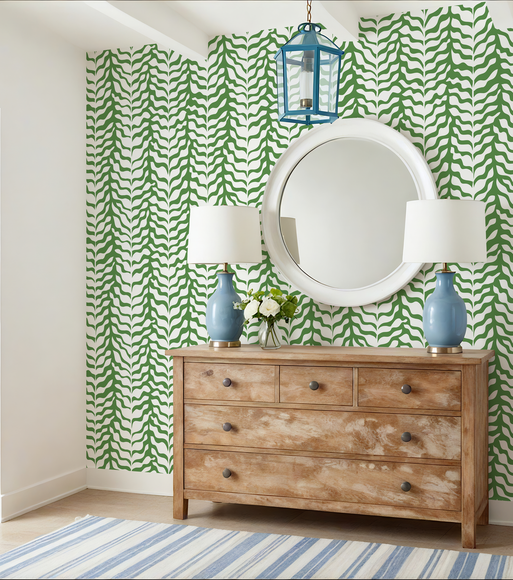 Boho Garden Green & White Botanical Chinoiserie Style - Wallpaper