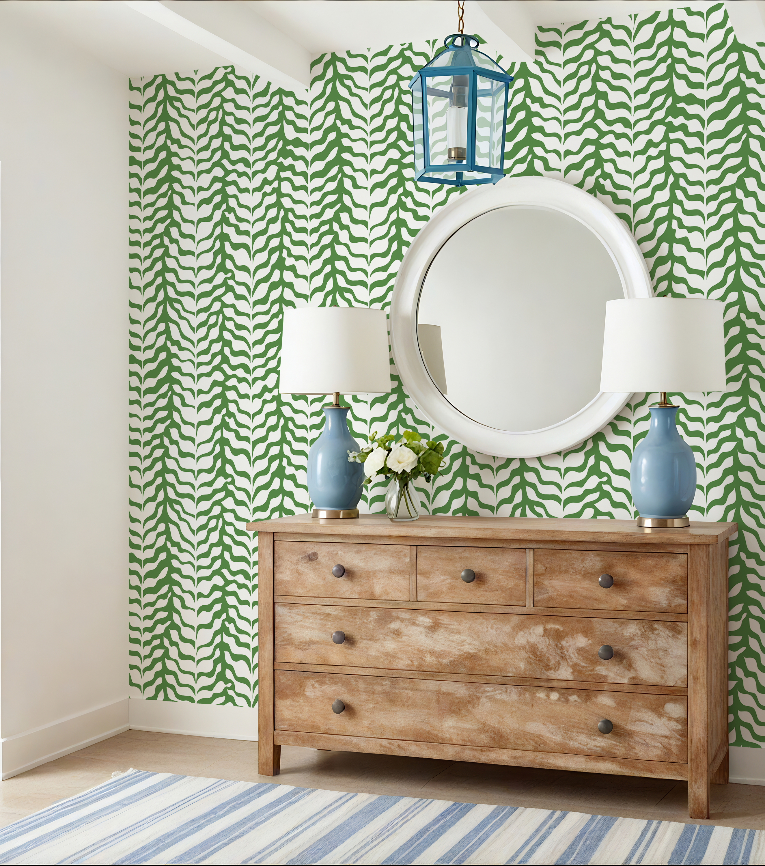 Boho Garden Green & White Botanical Chinoiserie Style - Wallpaper