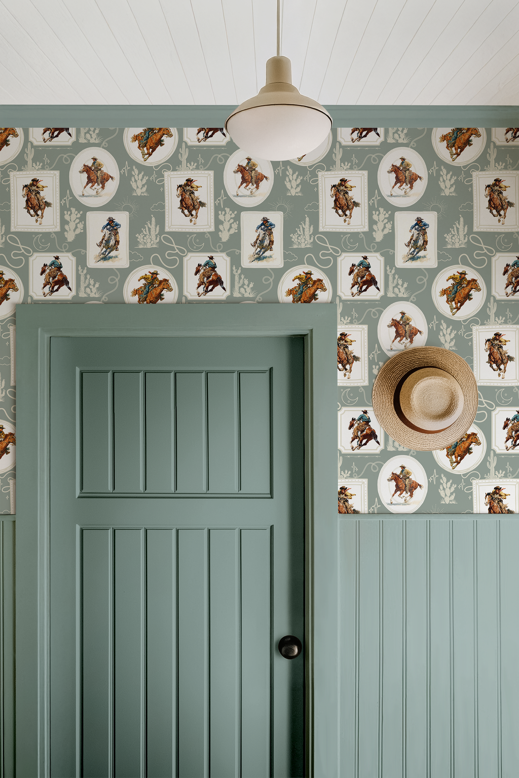 Cowboy Retro Wallpaper Print in Sage Green
