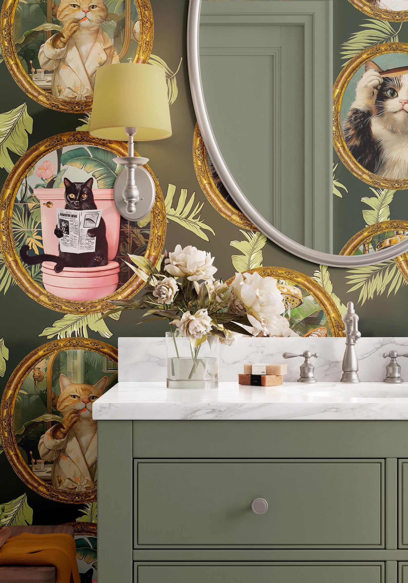 Whimsical Tropical Cat Bathroom Wallpaper - Removable, Peel and Stick, or Traditional Options