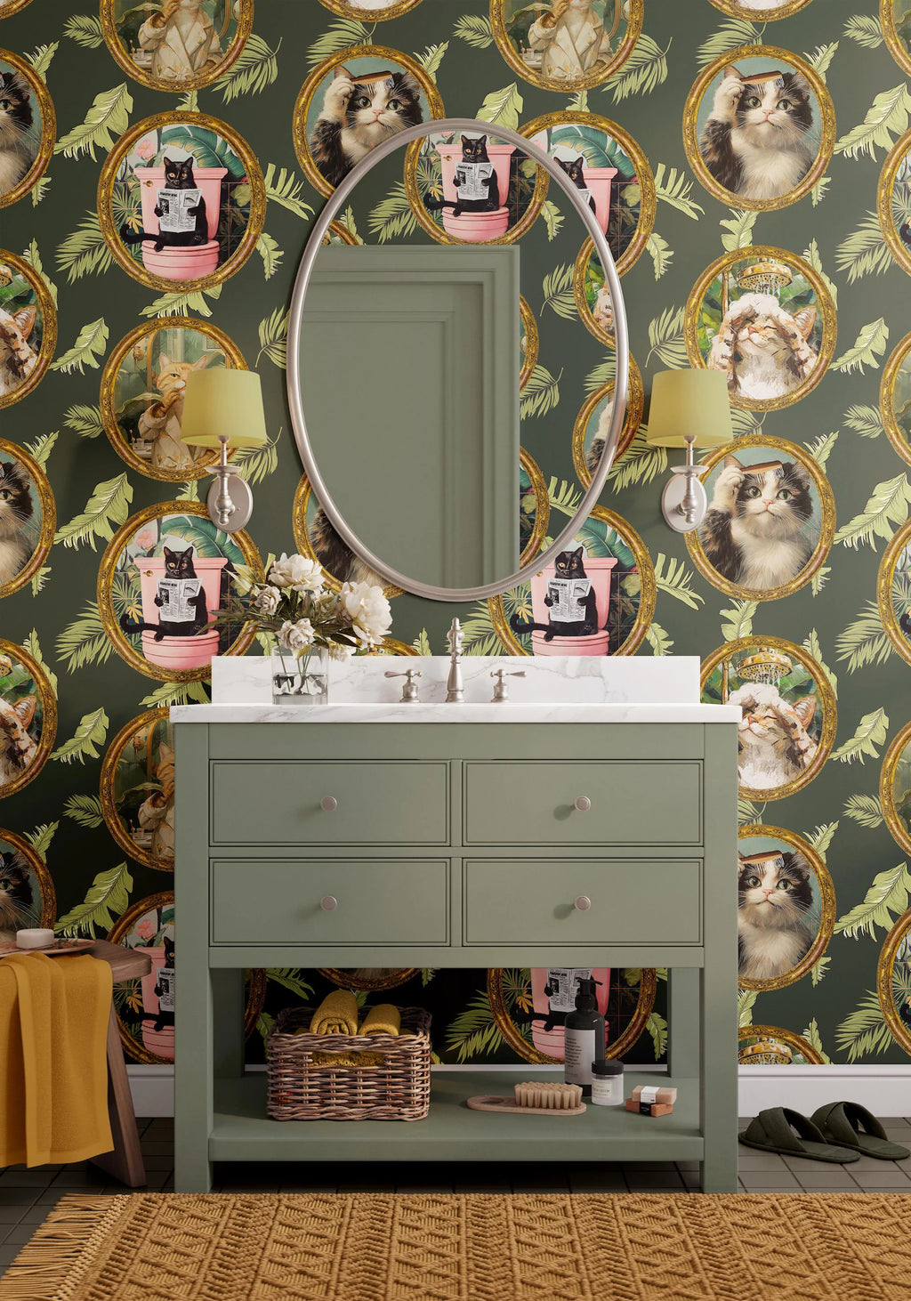 Whimsical Tropical Cat Bathroom Wallpaper - Removable, Peel and Stick, or Traditional Options