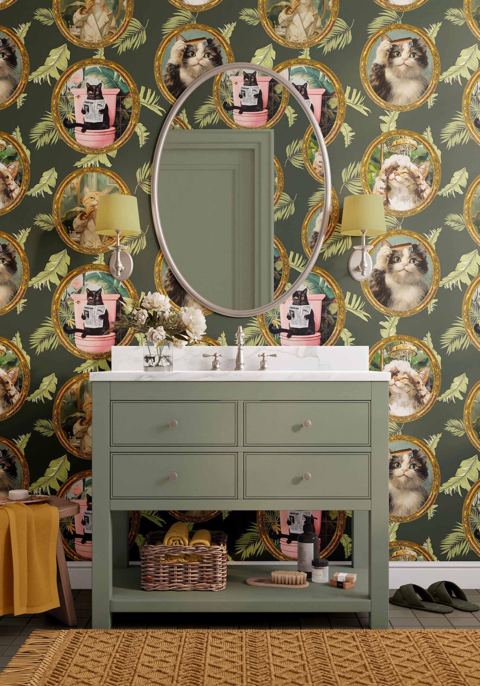 Whimsical Tropical Cat Bathroom Wallpaper - Removable, Peel and Stick, or Traditional Options