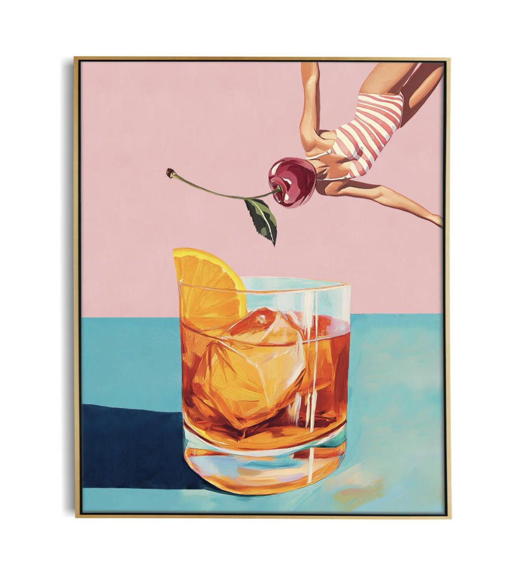 Retro Bar Poster: Girl Diving into Cocktail - Vintage Aesthetic Print for Home & Bar Decor