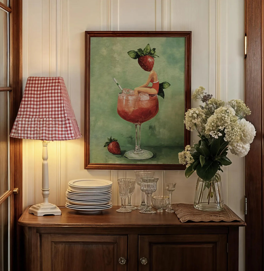 Strawberry Daiquiri Cocktail Bar Art Print - Vibrant Martini Girl Poster for Kitchen & Home Decor