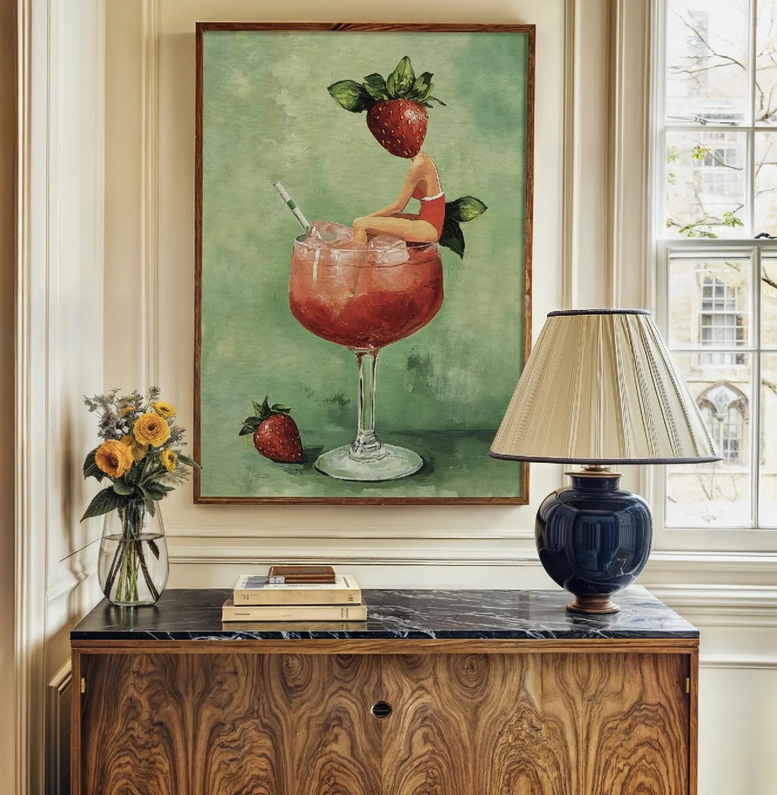 Strawberry Daiquiri Cocktail Bar Art Print - Vibrant Martini Girl Poster for Kitchen & Home Decor