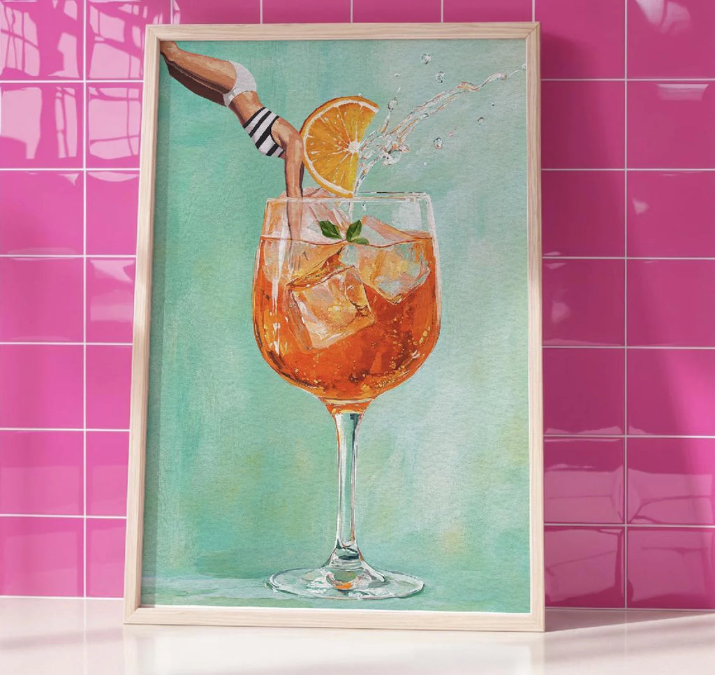 Vibrant Aperol Spritz Retro Art Print: Bar Decor Cocktail Poster with Jumping Girl