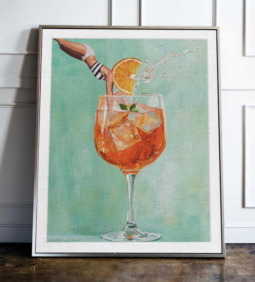 Vibrant Aperol Spritz Retro Art Print: Bar Decor Cocktail Poster with Jumping Girl