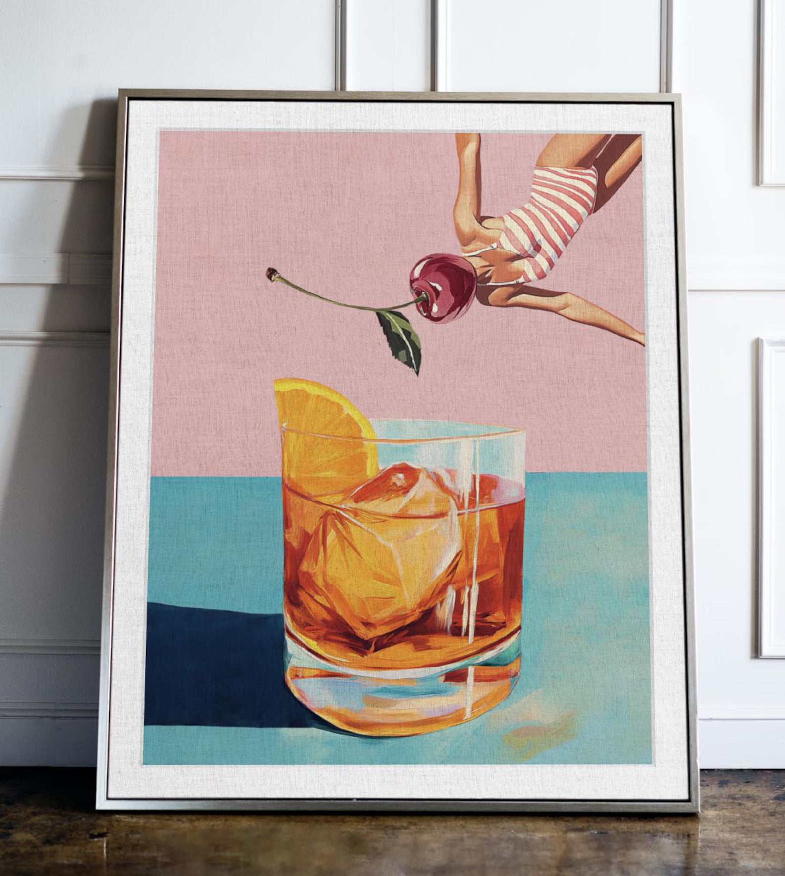 Retro Bar Poster: Girl Diving into Cocktail - Vintage Aesthetic Print for Home & Bar Decor