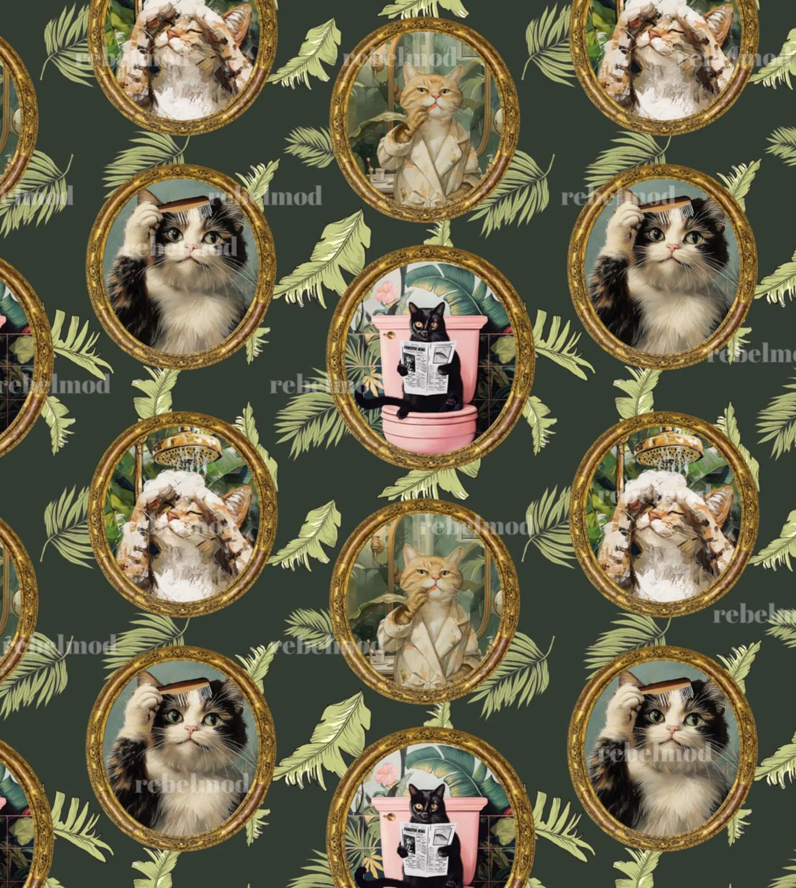 Whimsical Tropical Cat Bathroom Wallpaper - Removable, Peel and Stick, or Traditional Options