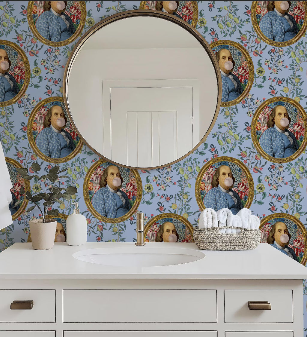 Benjamin Franklin Bubble Gum Funny Wallpaper | Peel and Stick or Traditional | Bathroom Accent Wall