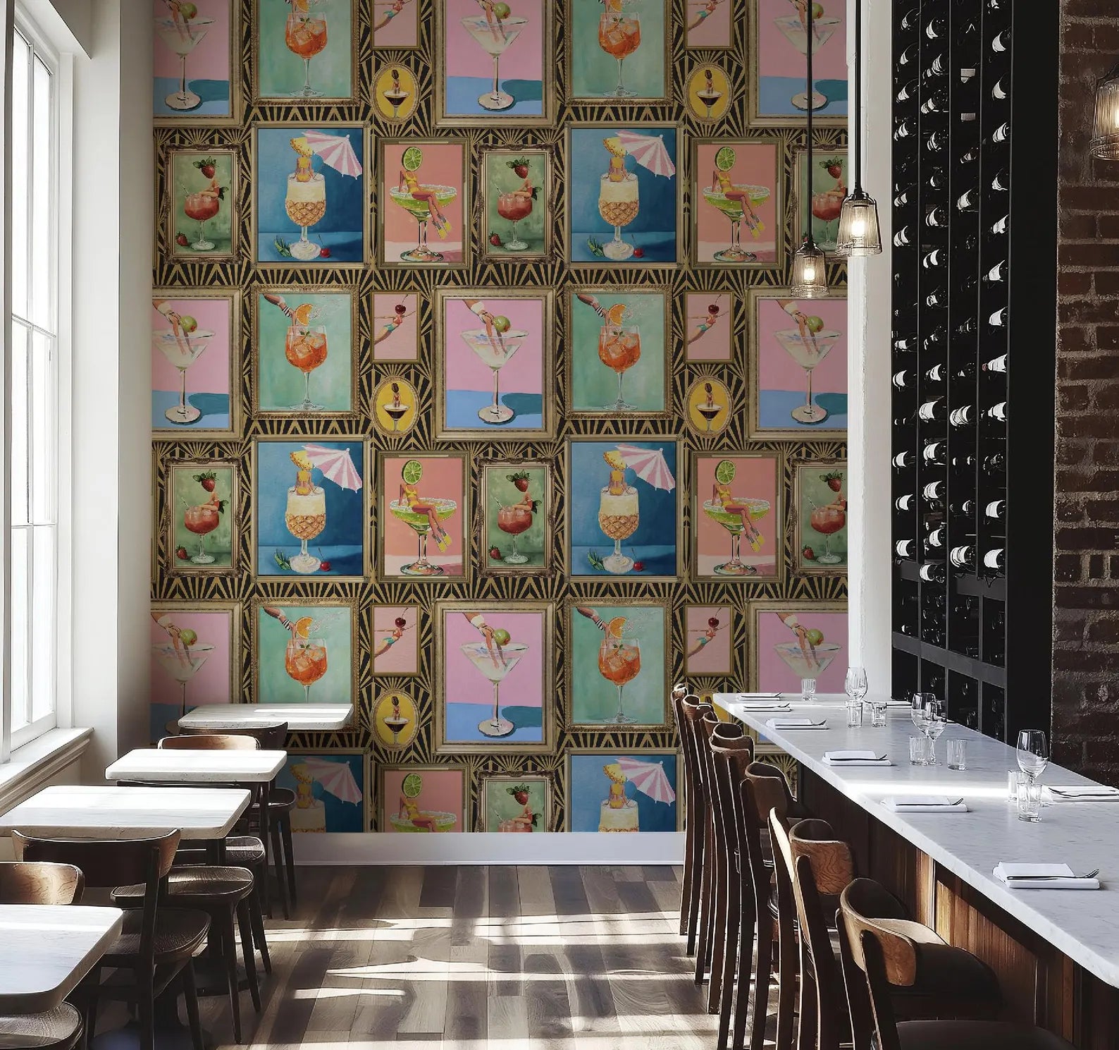 Mid-Century Retro Bar Cocktail Wallpaper: Peel & Stick or Traditional Large Print for Lounge Decor