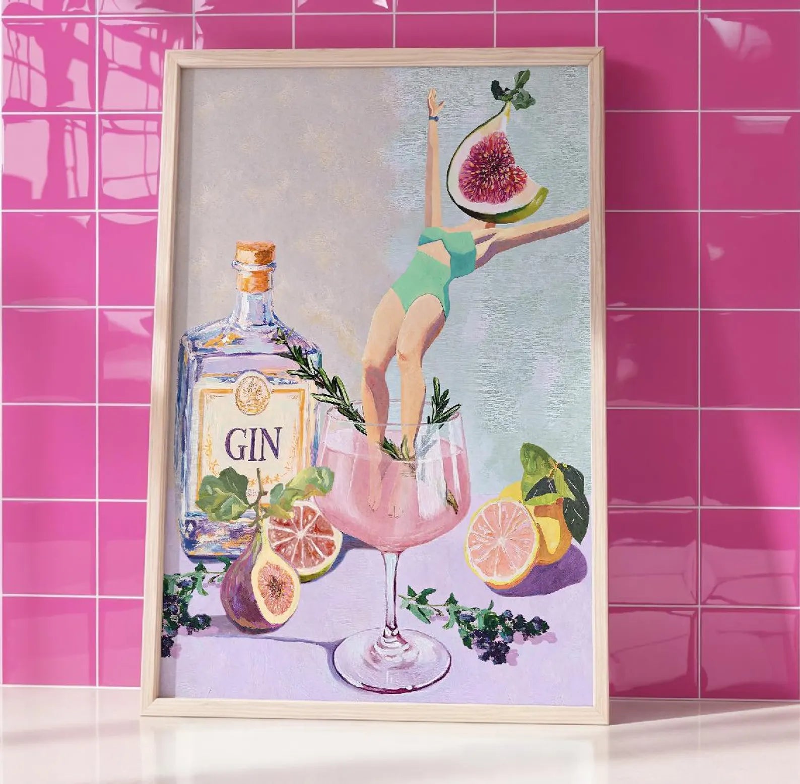 Elegant Fig Rosemary Cocktail Art Print | Aesthetic Bar Wall Decor | Mixology Gift | Classy Drink Poster