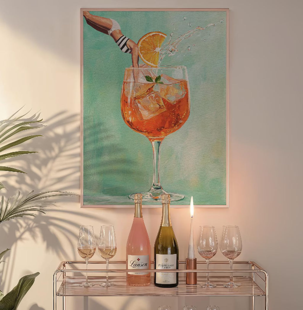 Vibrant Aperol Spritz Retro Art Print: Bar Decor Cocktail Poster with Jumping Girl