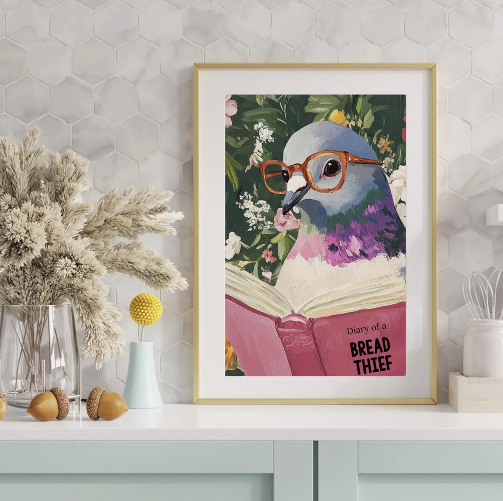 Quirky Pigeon Reading Art Print - Humorous Kitchen & Bathroom Decor, Trendy Animal Poster