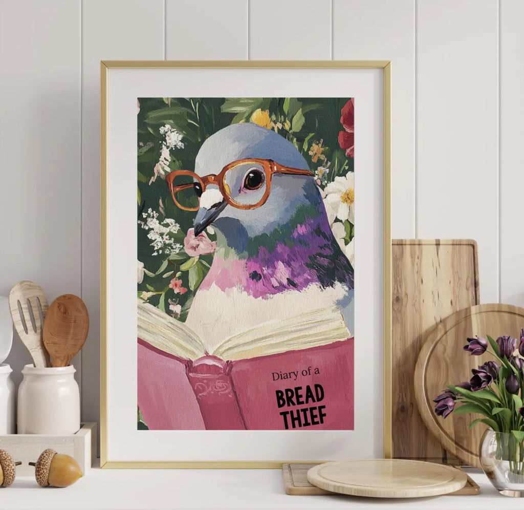 Quirky Pigeon Reading Art Print - Humorous Kitchen & Bathroom Decor, Trendy Animal Poster