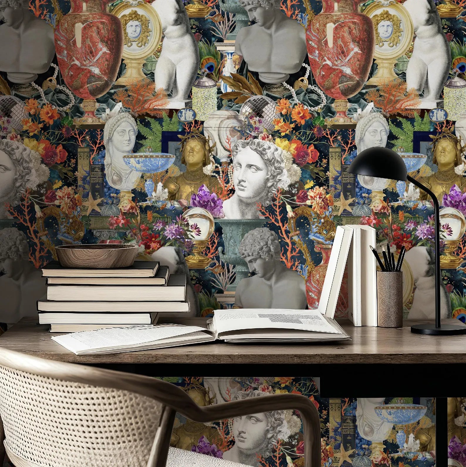 Maximalist Boho Wallpaper: Roman Statues and Modern Artifacts Peel & Stick or Traditional