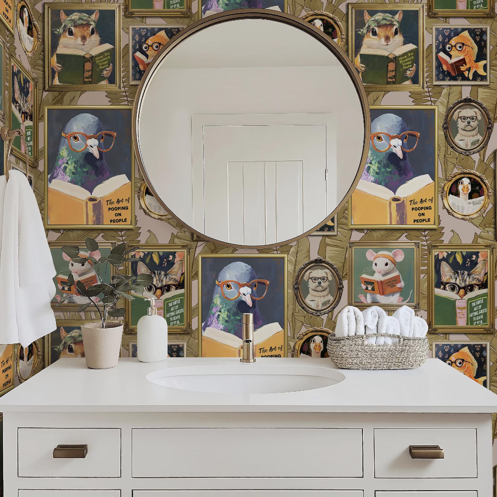 Whimsical Animal Reading Wallpaper - Peel and Stick Mural for Bathroom, Office, Playroom Decor
