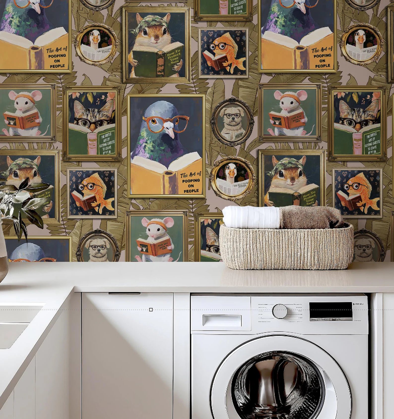 Whimsical Animal Reading Wallpaper - Peel and Stick Mural for Bathroom, Office, Playroom Decor