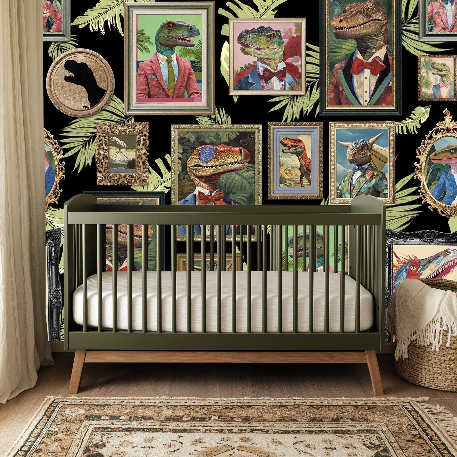 Whimsical Dinosaur Peel and Stick Wallpaper Mural for Bathroom, Office, Playroom Decor