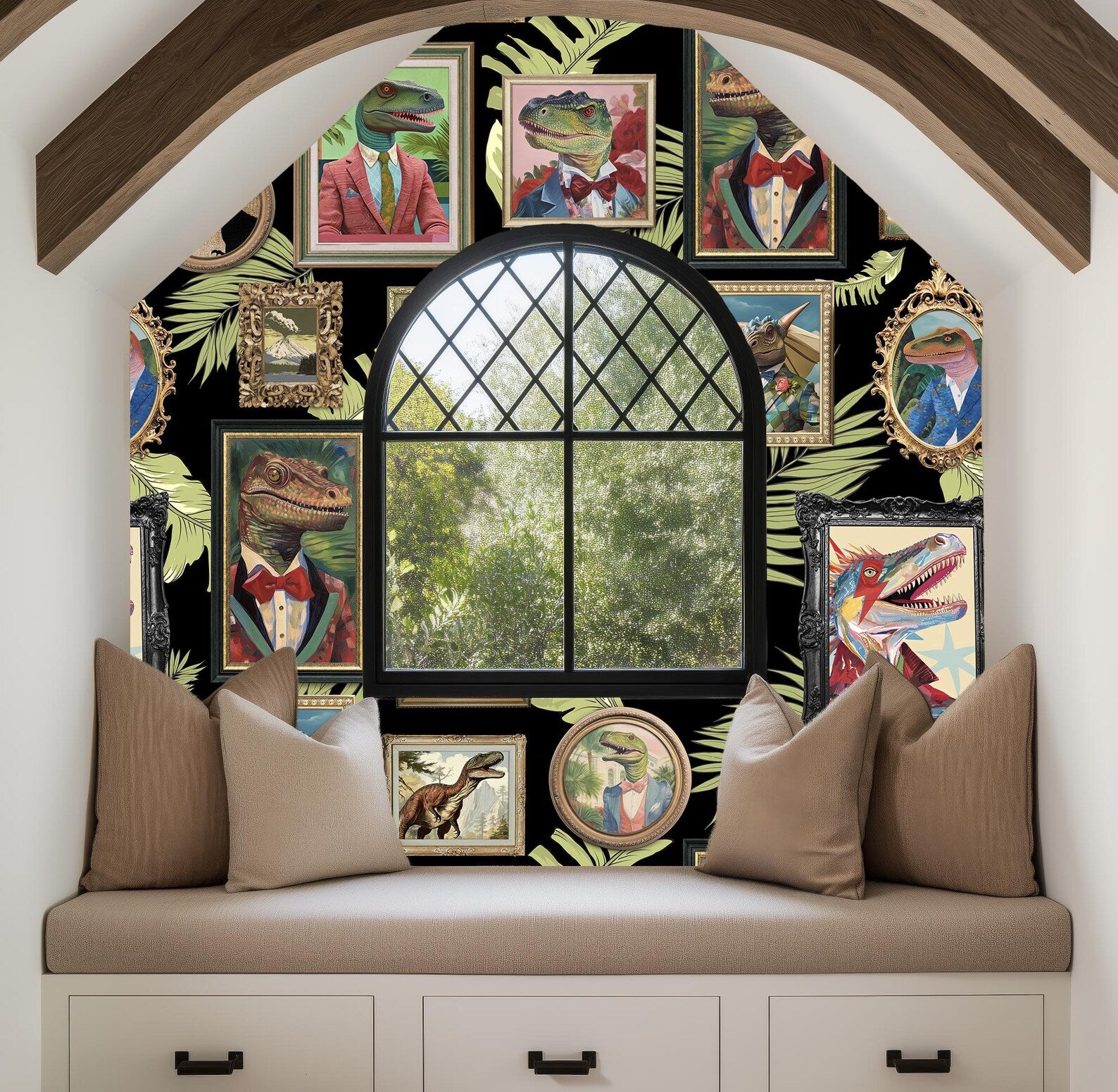 Whimsical Dinosaur Peel and Stick Wallpaper Mural for Bathroom, Office, Playroom Decor