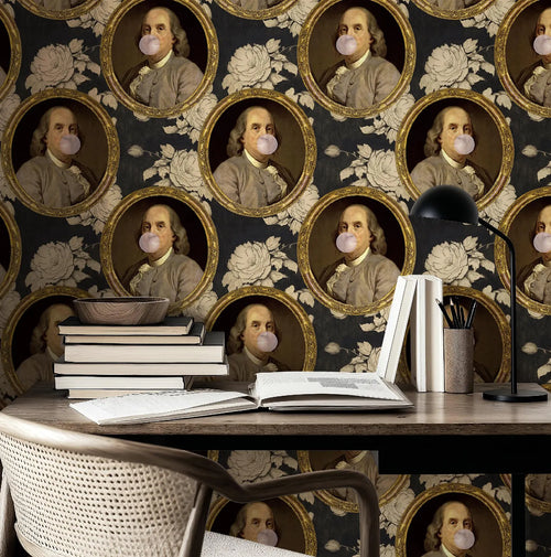 Benjamin Franklin Bubble Gum Floral Funny Wallpaper: Peel and Stick or Traditional for Bathroom Decor