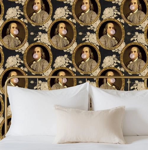 Benjamin Franklin Bubble Gum Floral Funny Wallpaper: Peel and Stick or Traditional for Bathroom Decor