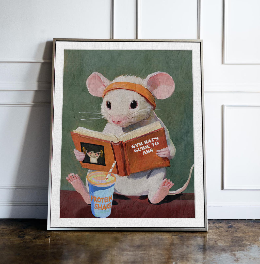 Whimsical Gym Rat's Guide to Abs - Funny Animal Fitness Art Print for Home Workout Motivation