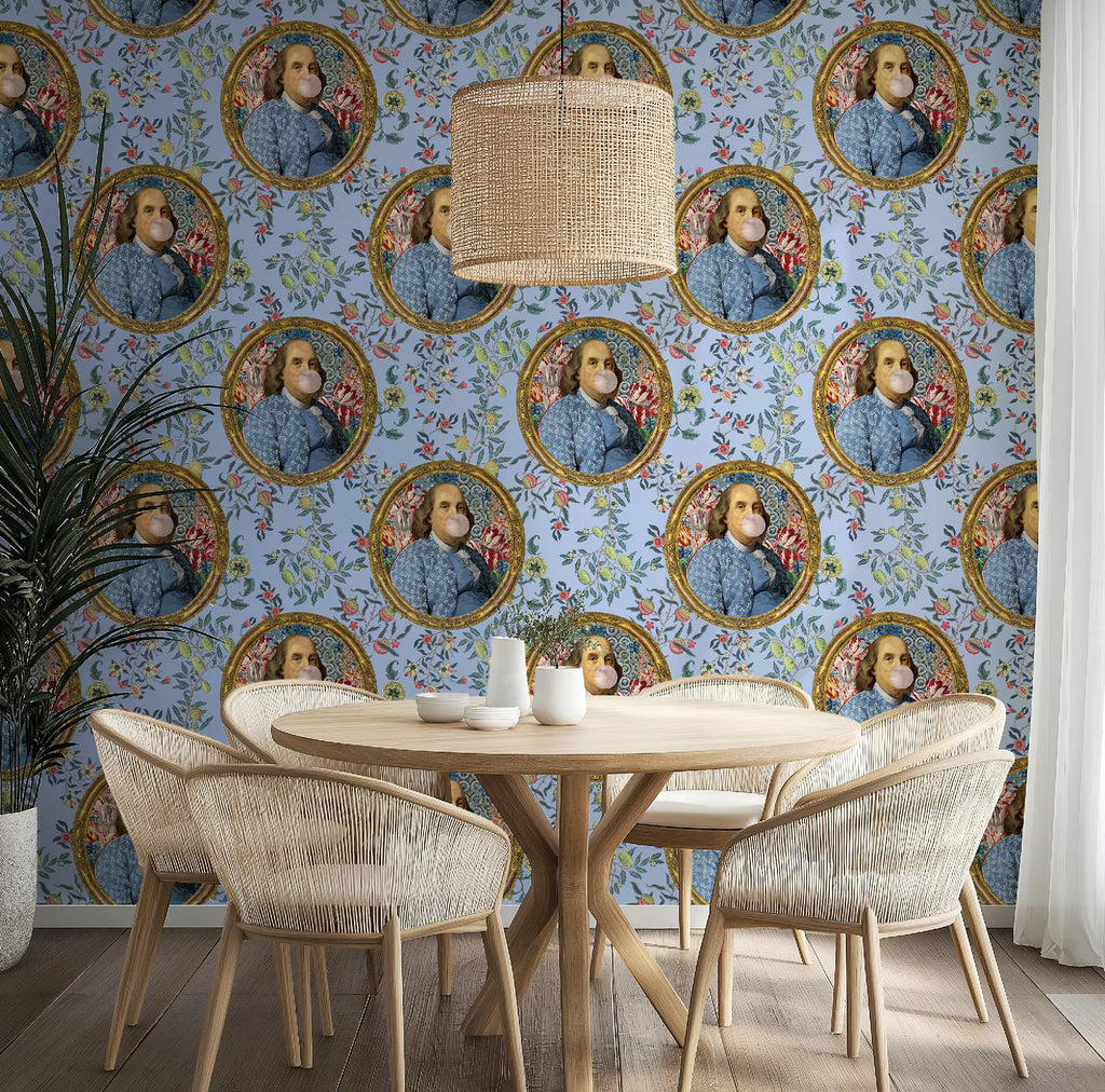 Benjamin Franklin Bubble Gum Funny Wallpaper | Peel and Stick or Traditional | Bathroom Accent Wall