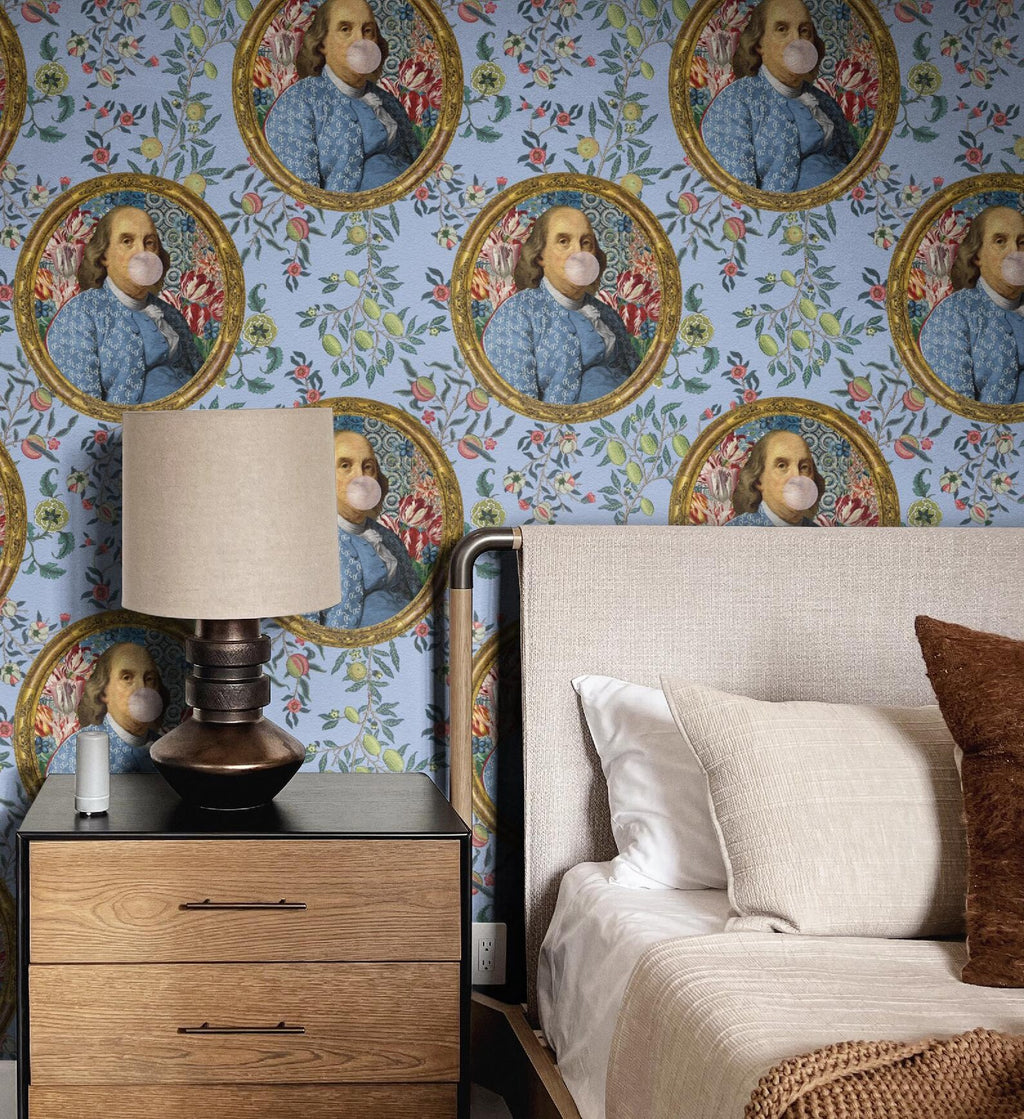 Benjamin Franklin Bubble Gum Funny Wallpaper | Peel and Stick or Traditional | Bathroom Accent Wall