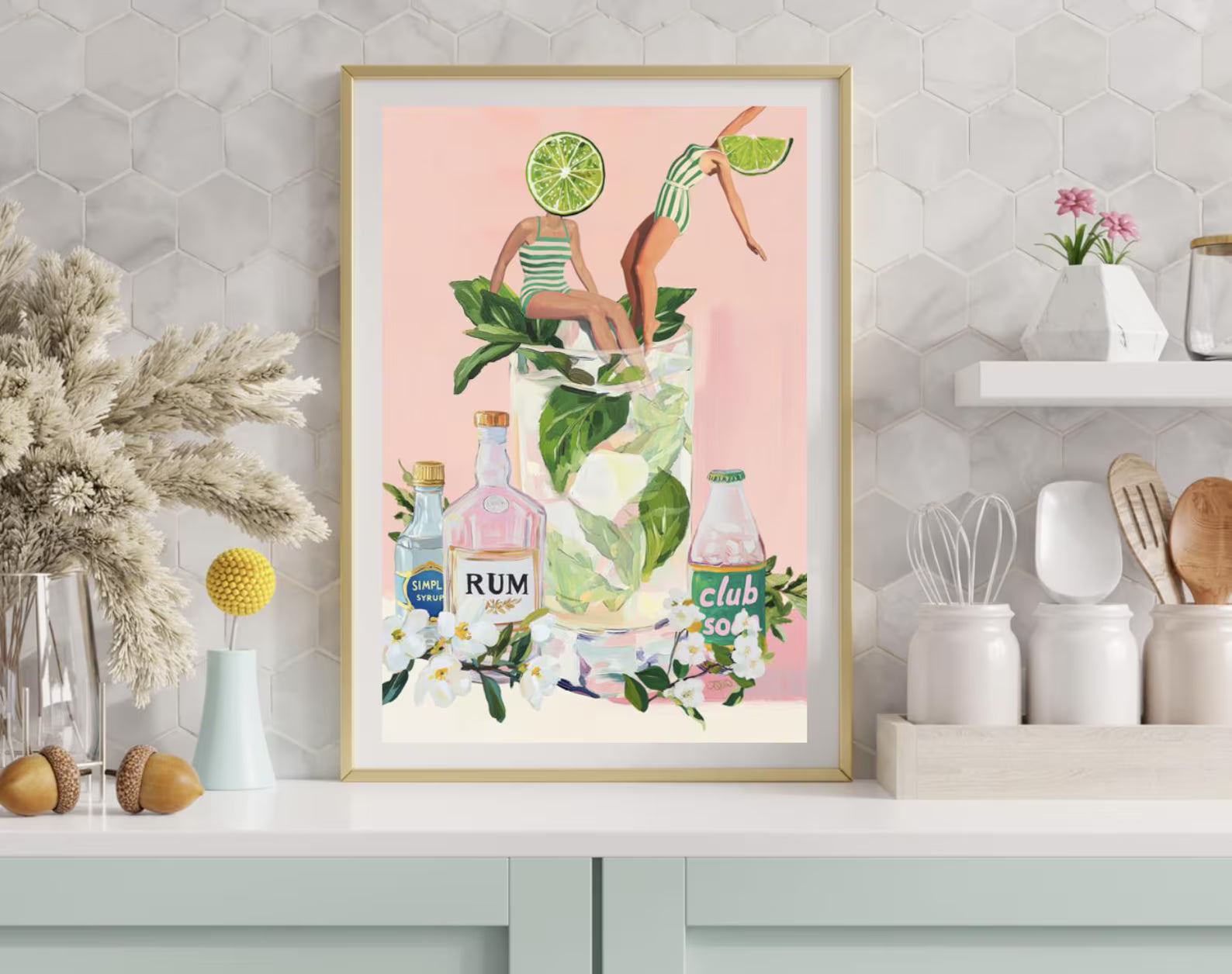 Vintage-Inspired Mojito Cocktail Bar Art Print - Retro Girls Wall Decor for Kitchen, Lounge, or Home