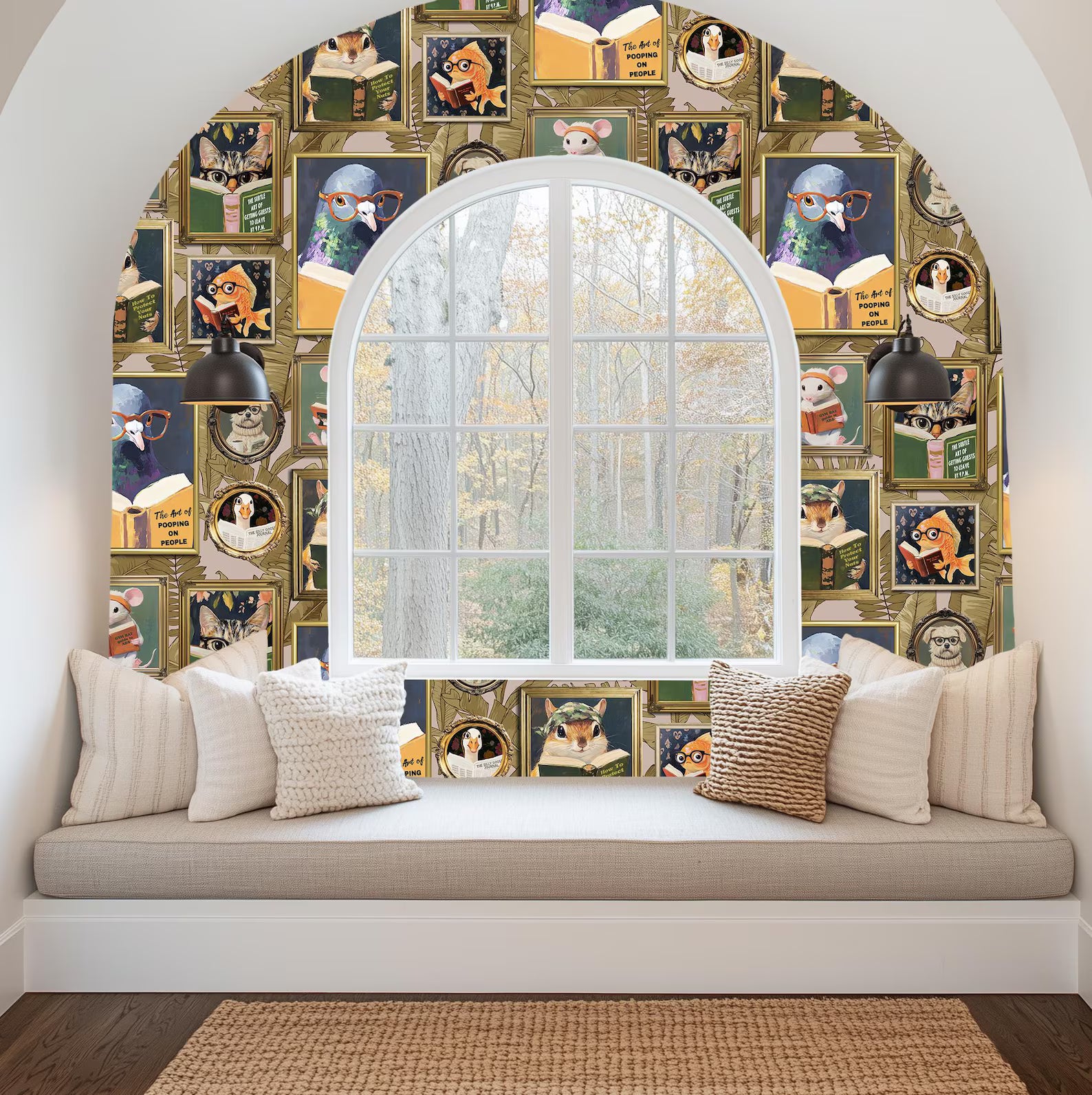 Whimsical Animal Reading Wallpaper - Peel and Stick Mural for Bathroom, Office, Playroom Decor
