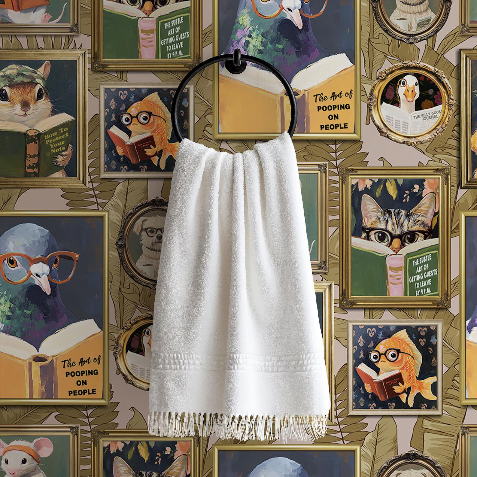 Whimsical Animal Reading Wallpaper - Peel and Stick Mural for Bathroom, Office, Playroom Decor