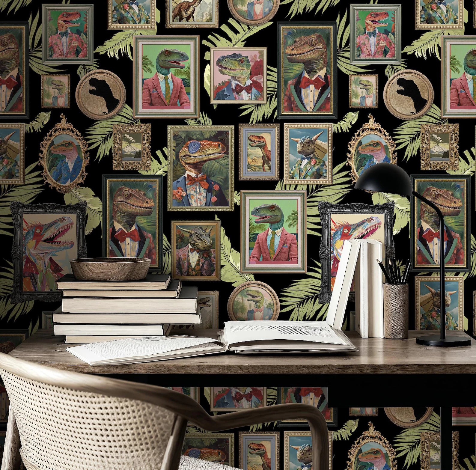 Whimsical Dinosaur Peel and Stick Wallpaper Mural for Bathroom, Office, Playroom Decor