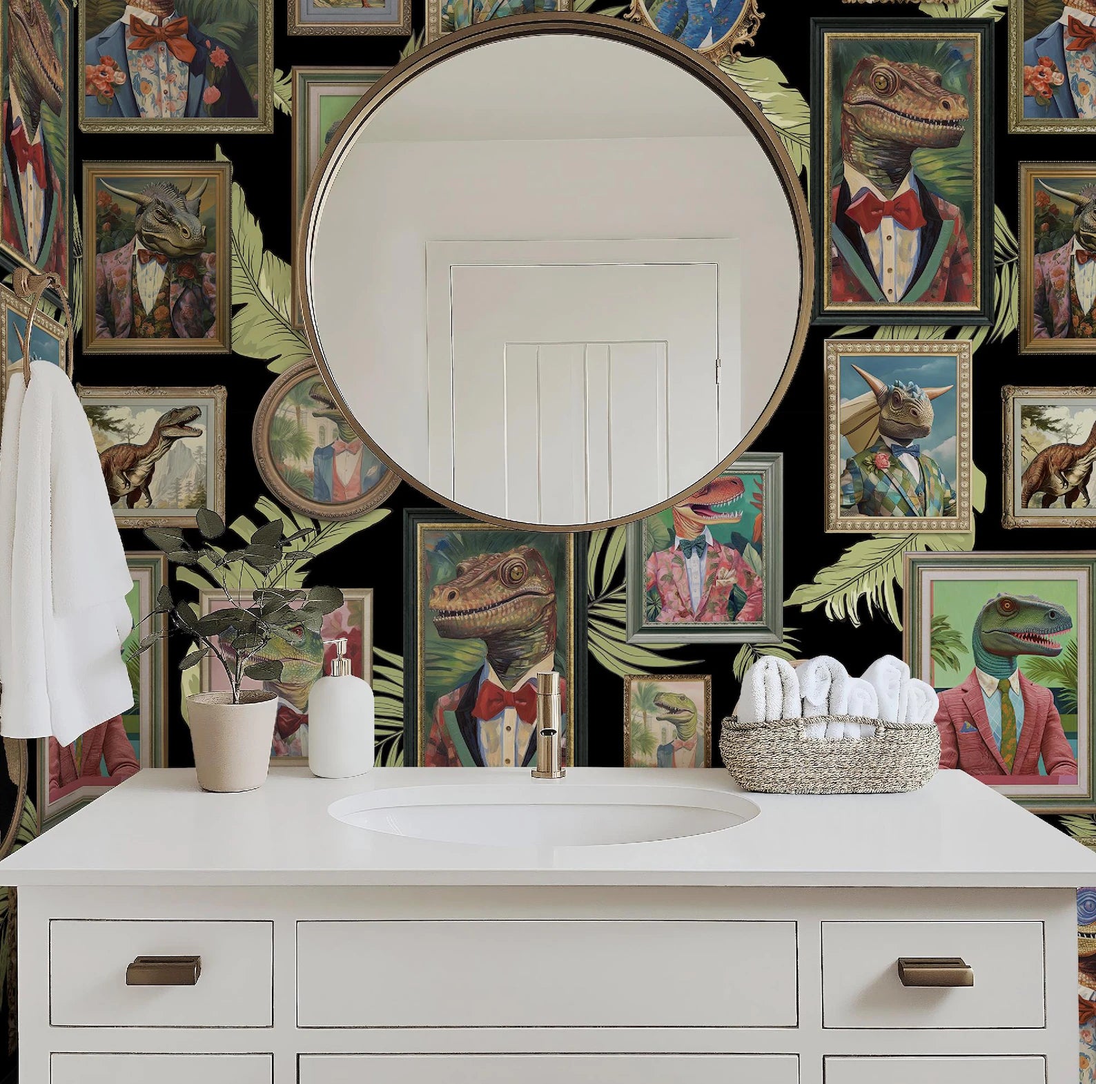 Whimsical Dinosaur Peel and Stick Wallpaper Mural for Bathroom, Office, Playroom Decor