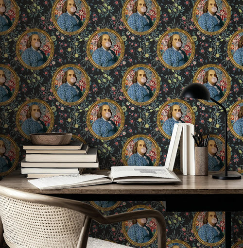 Benjamin Franklin Bubble Gum Colorful Floral Funny Wallpaper: Peel and Stick or Traditional for Bathroom Decor