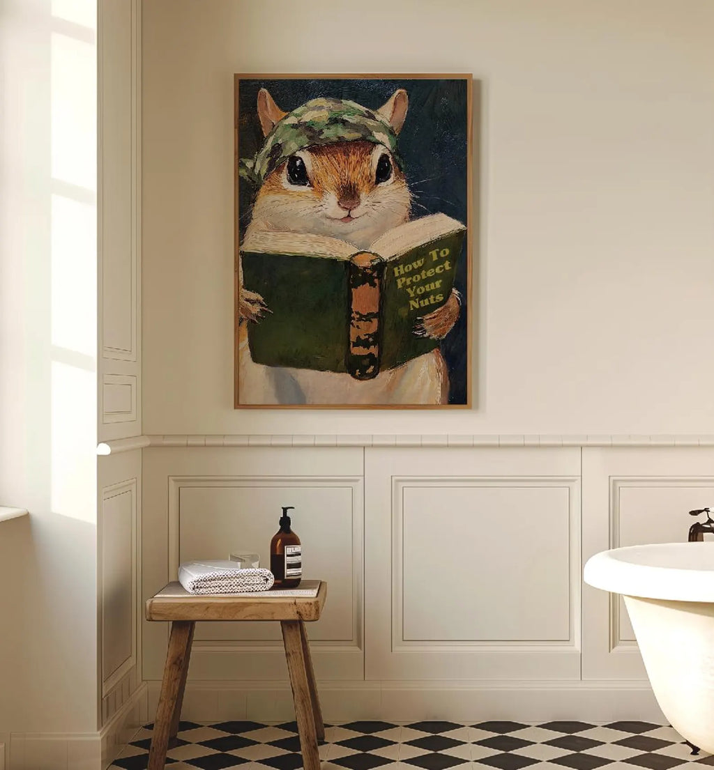 Humorous Squirrel Bathroom Poster: Protect Your Nuts - Whimsical Woodland Animal Wall Art Decor