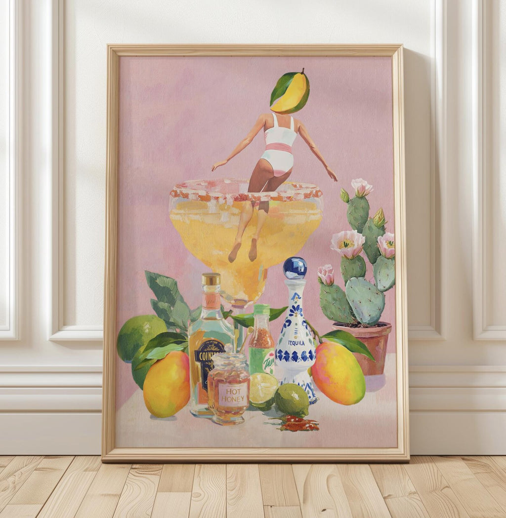 Spicy Mango Margarita Cocktail Poster: Tropical Bar Decor Art Print with Bold Beverage Illustration