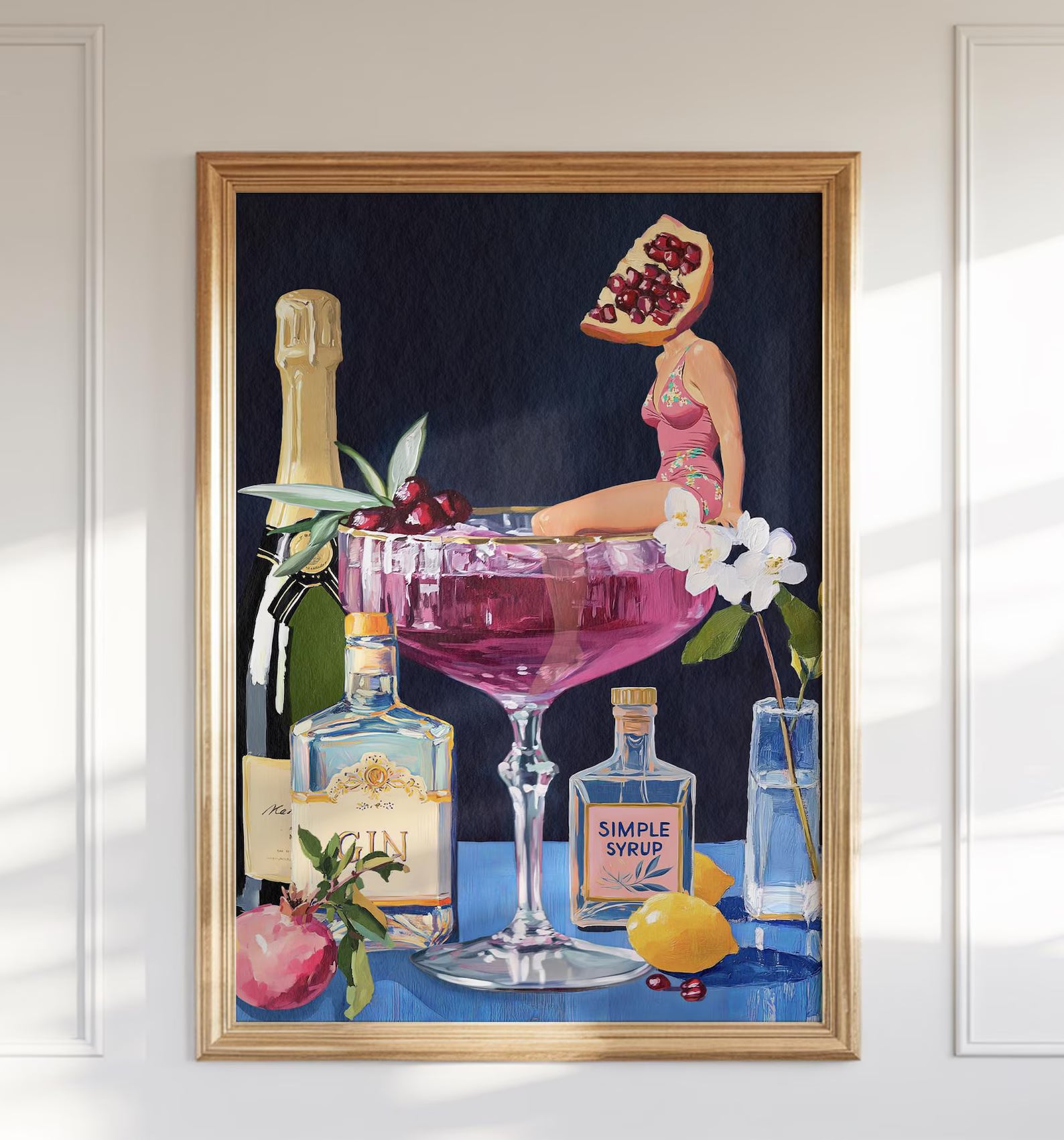 Pomegranate Cocktail Retro Bar Poster - Vintage French 75 Martini Wall Art for Home Kitchen Decor