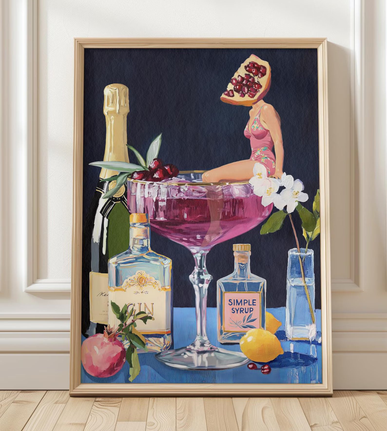 Pomegranate Cocktail Retro Bar Poster - Vintage French 75 Martini Wall Art for Home Kitchen Decor