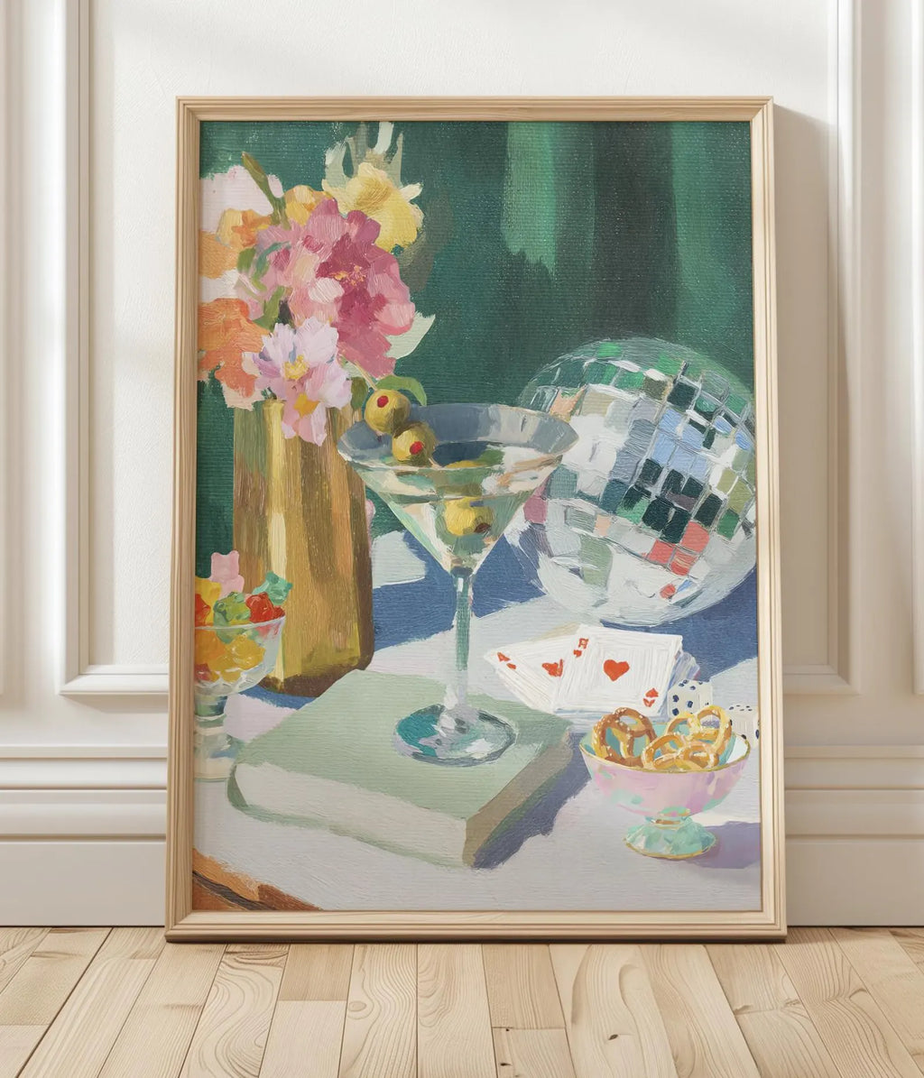 Retro Martini Disco Ball Art Print: Whimsical Cocktail Poster for Bar Decor and Party Vibes