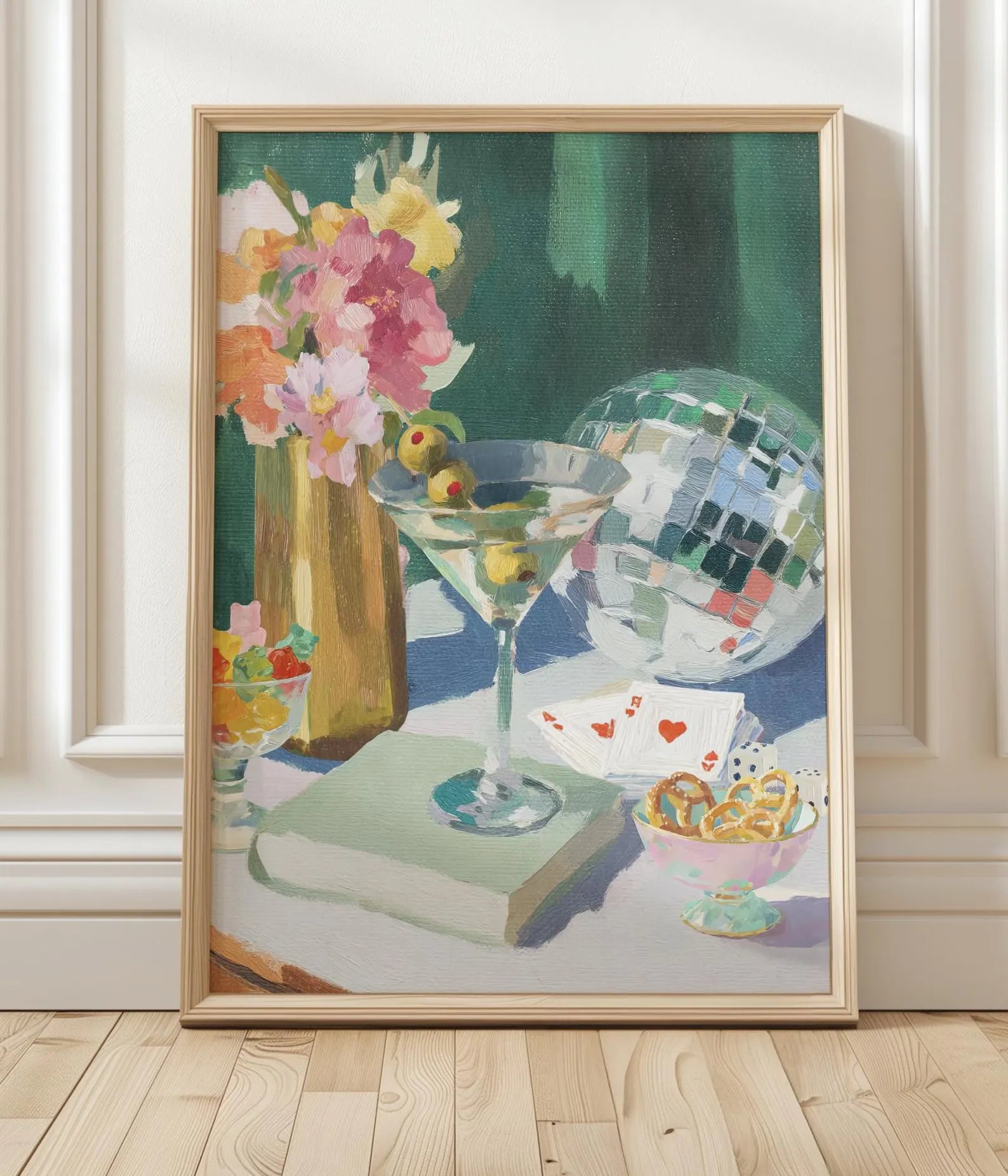 Retro Martini Disco Ball Art Print: Whimsical Cocktail Poster for Bar Decor and Party Vibes