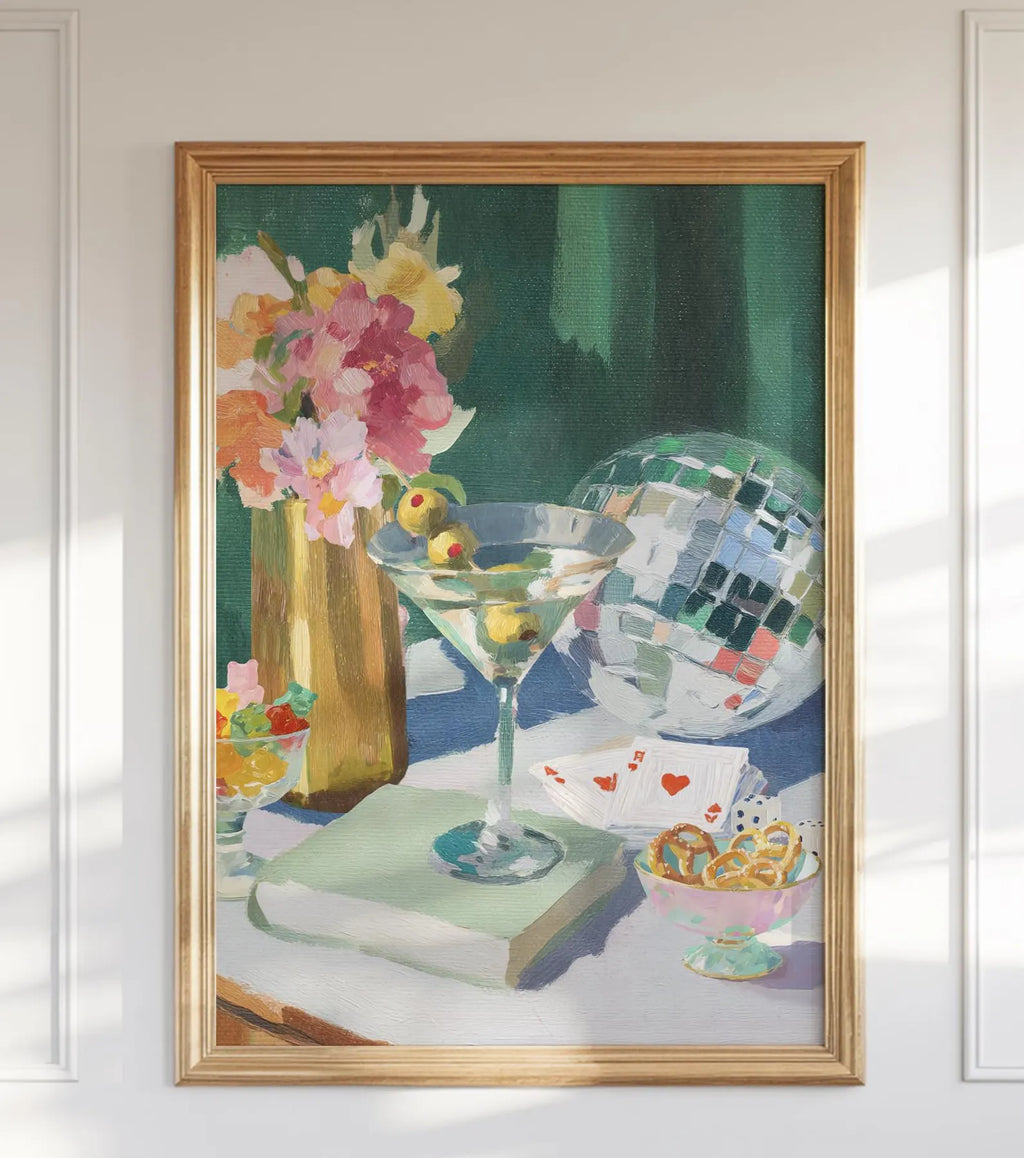 Retro Martini Disco Ball Art Print: Whimsical Cocktail Poster for Bar Decor and Party Vibes