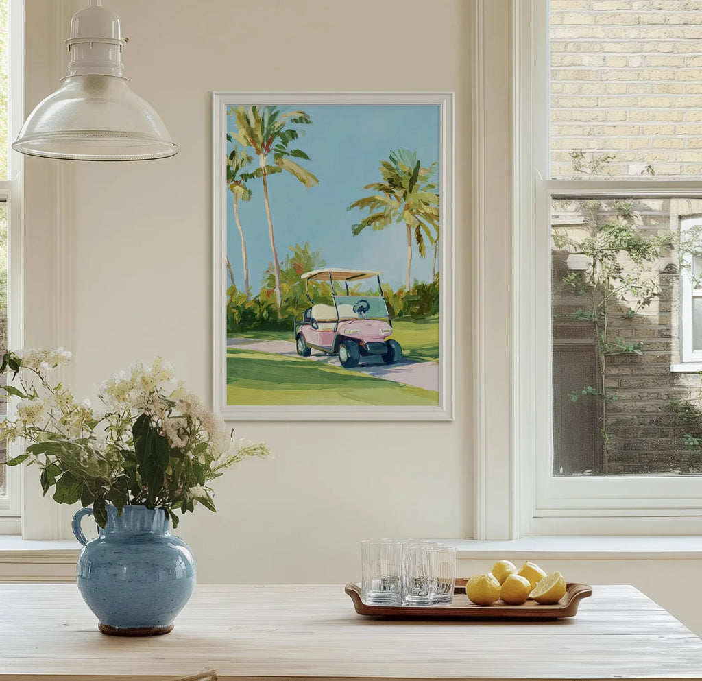 Preppy Golf Cart Art Print: Palm Beach Chinoiserie Wall Decor for Country Club & Bar Cart Aesthetic