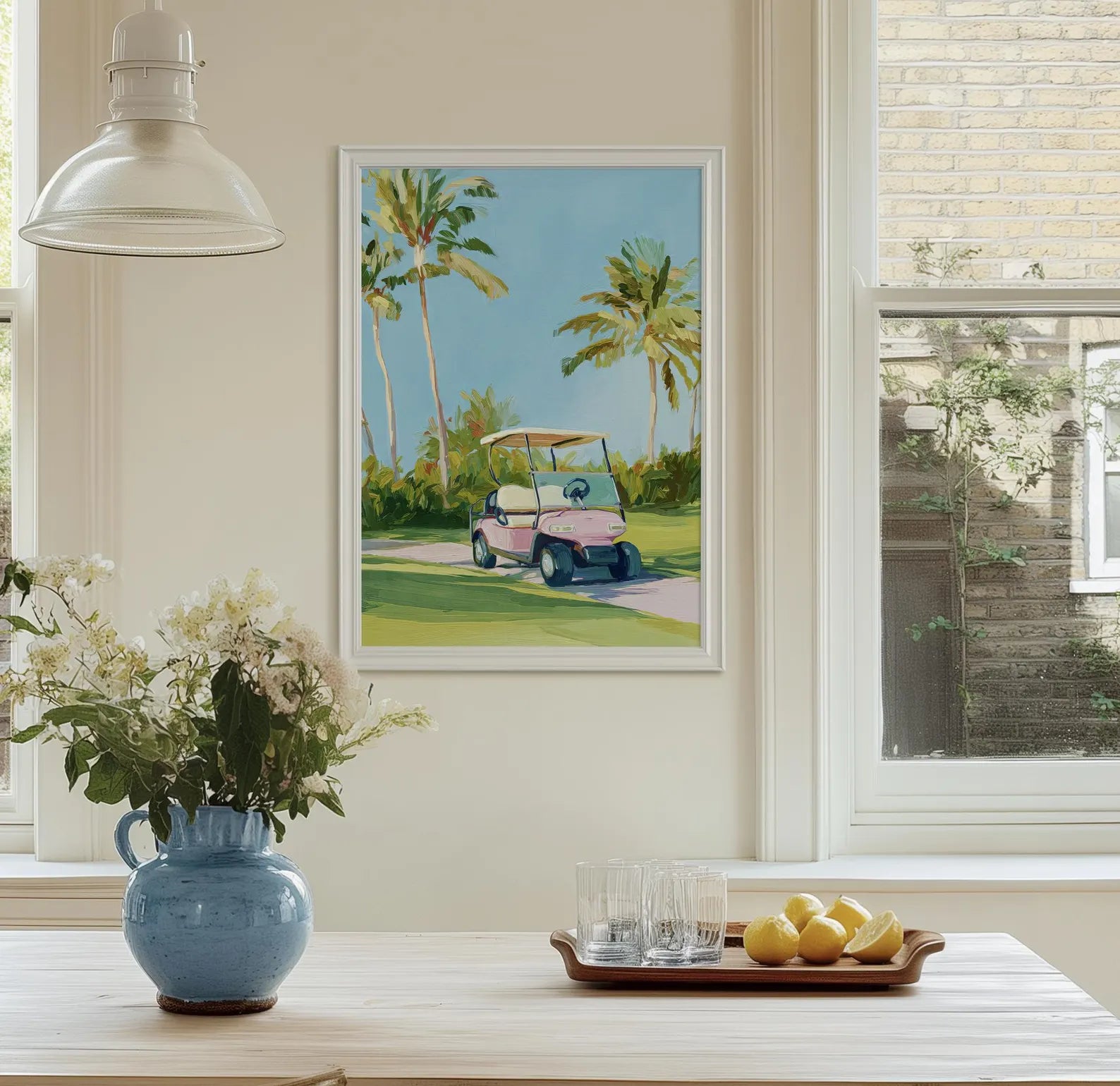 Preppy Golf Cart Art Print: Palm Beach Chinoiserie Wall Decor for Country Club & Bar Cart Aesthetic