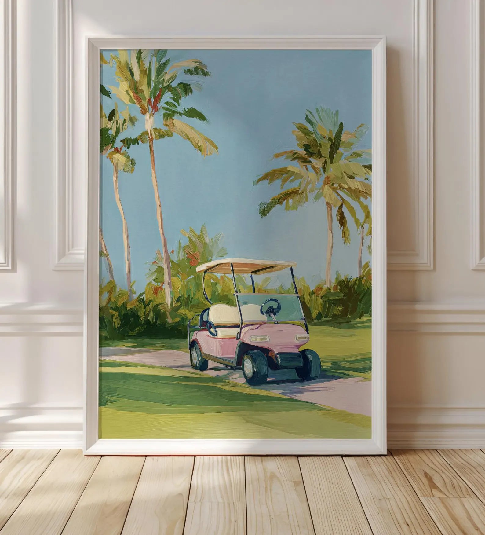 Preppy Golf Cart Art Print: Palm Beach Chinoiserie Wall Decor for Country Club & Bar Cart Aesthetic