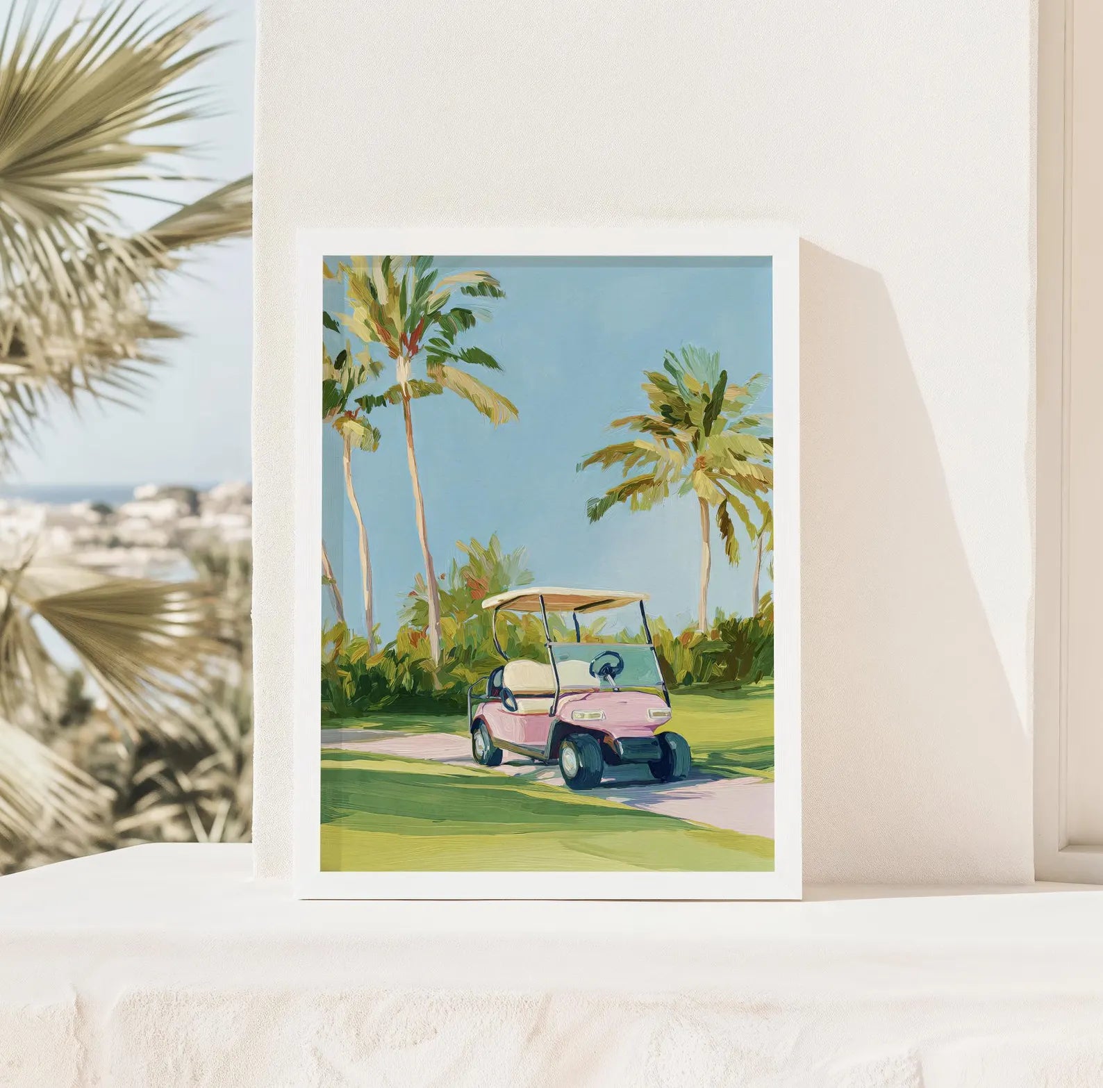 Preppy Golf Cart Art Print: Palm Beach Chinoiserie Wall Decor for Country Club & Bar Cart Aesthetic