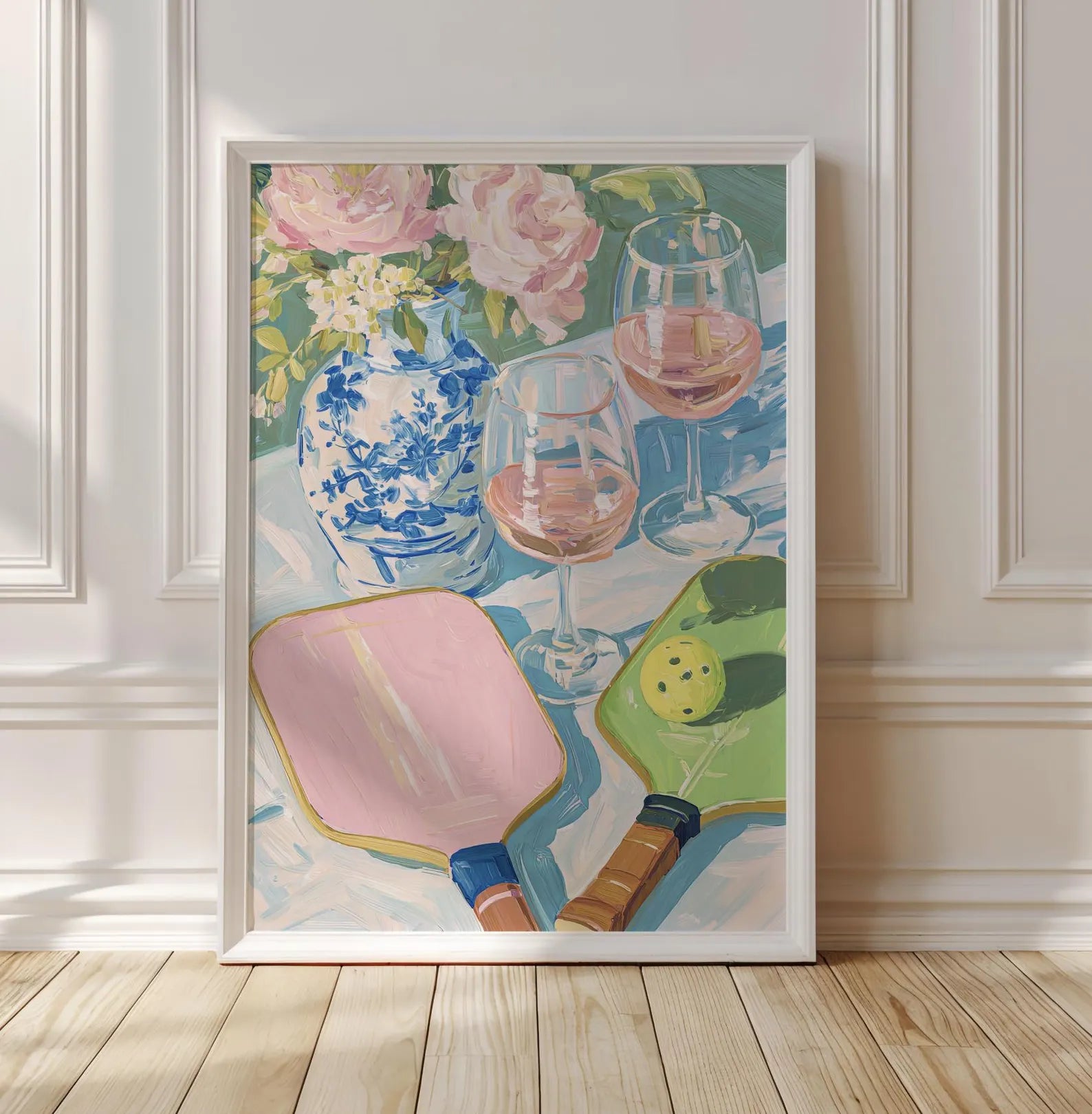 Elegant Pickleball & Rose Art Print: Palm Beach Chinoiserie Decor for Preppy Bar or Lounge